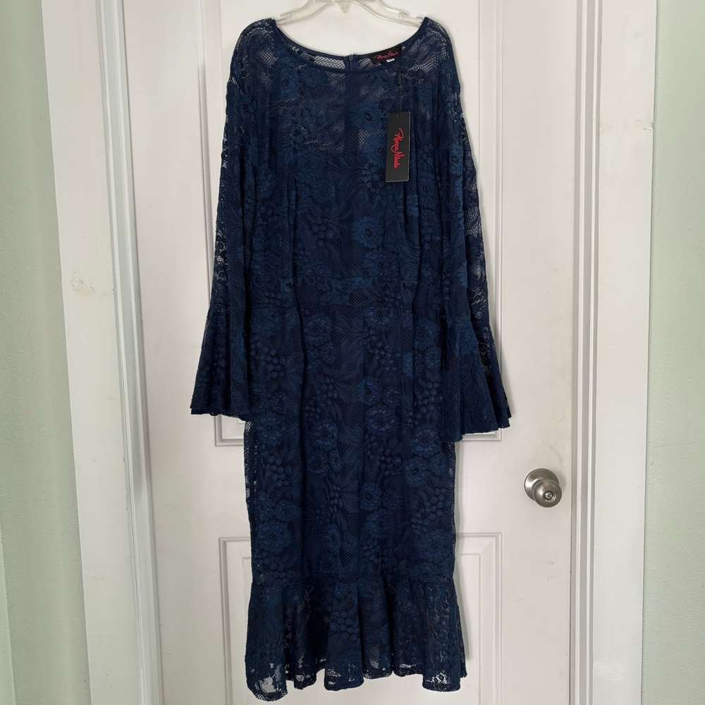 NWT Hanna Nikole Navy Lace Dress Lined Bell Sleeves